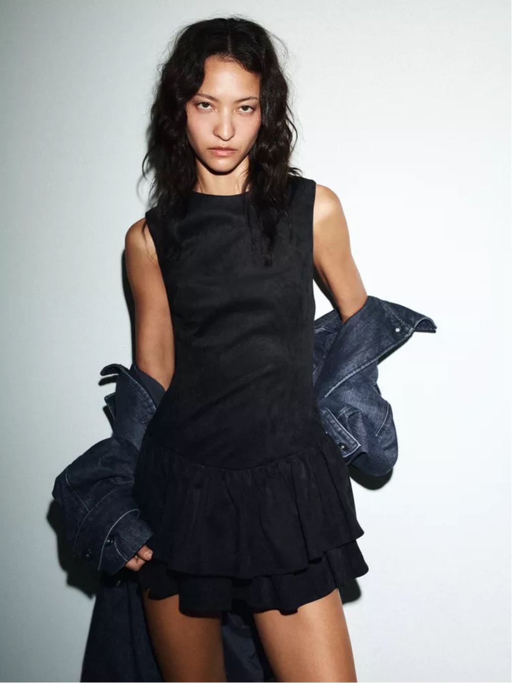 Zara NWT short faux suede romper dress with ruffles black 4764/279
